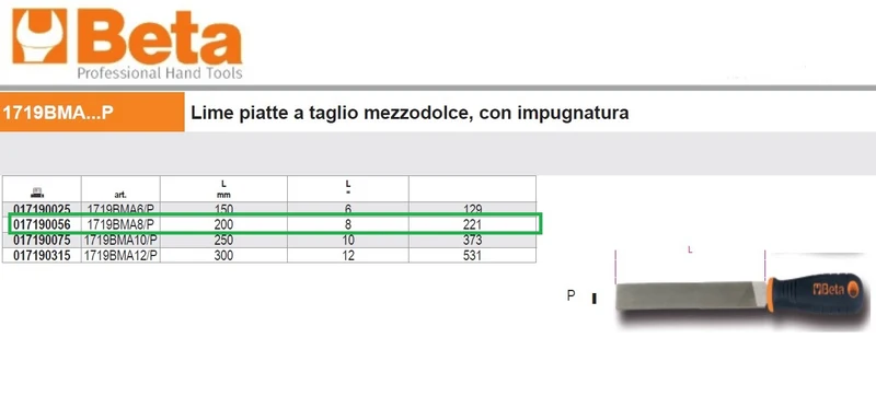 BETA 1719BMA8/P 017190056 Lime piatte a taglio mezzodolce, con impugnatura