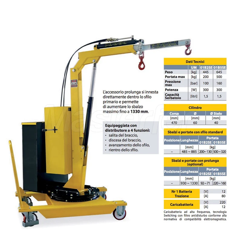 AxA 01B2SE - Gru gruetta idraulica girevole a batteria con avanzamento e rientro elettrico, 200kg