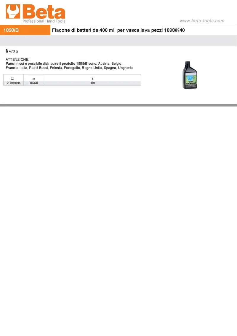 Beta 1898/B FLACONE BATTERI 300ML PER 1898/K40