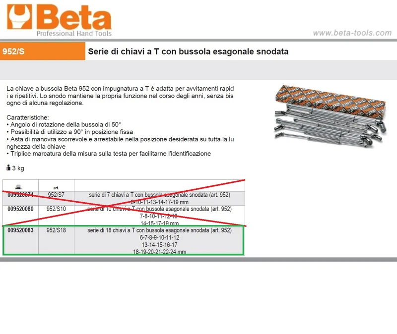 Beta 009520083 952/S18 Serie di chiavi a T con bussola esagonale snodata