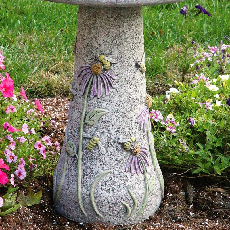 Honeybee & Flowers Concrete Bird Bath - Massarellis #9752