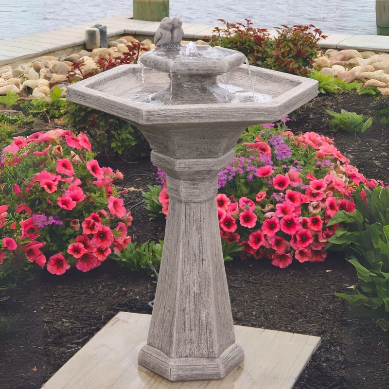 Chelsea Bird 2-Tier Hexagon Concrete Fountain w/Lights - Massarellis #3821