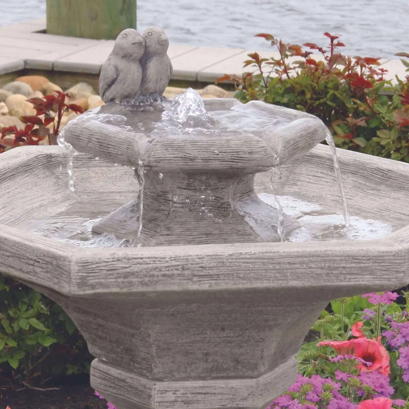 Chelsea Bird 2-Tier Hexagon Concrete Fountain w/Lights - Massarellis #3821