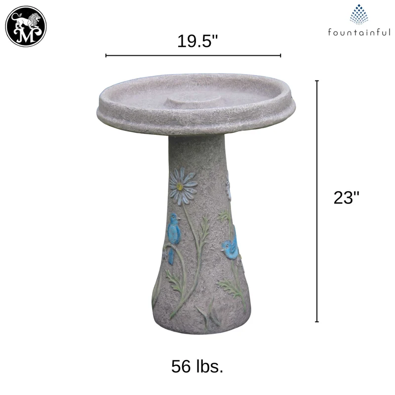 Bluebird & Flowers Concrete Bird Bath - Massarellis #9761