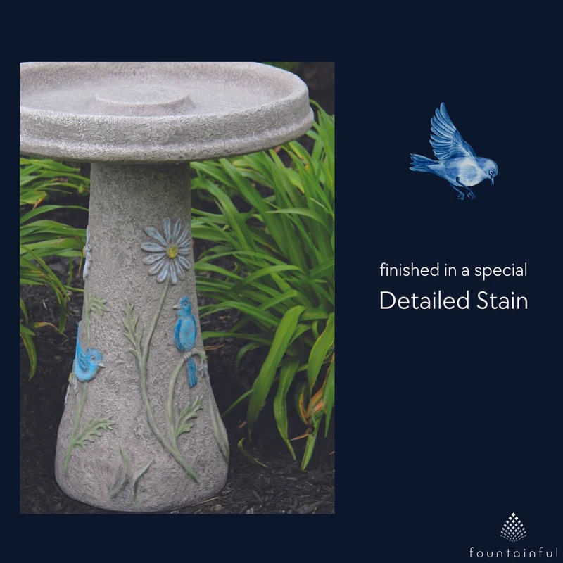 Bluebird & Flowers Concrete Bird Bath - Massarellis #9761