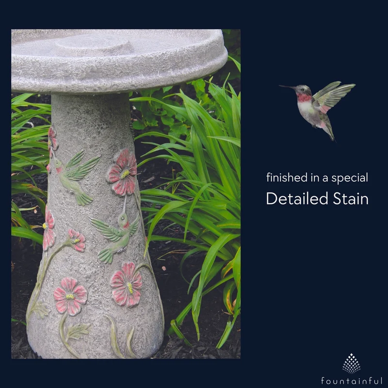 Hummingbird & Flowers Concrete Bird Bath - Massarellis #9757