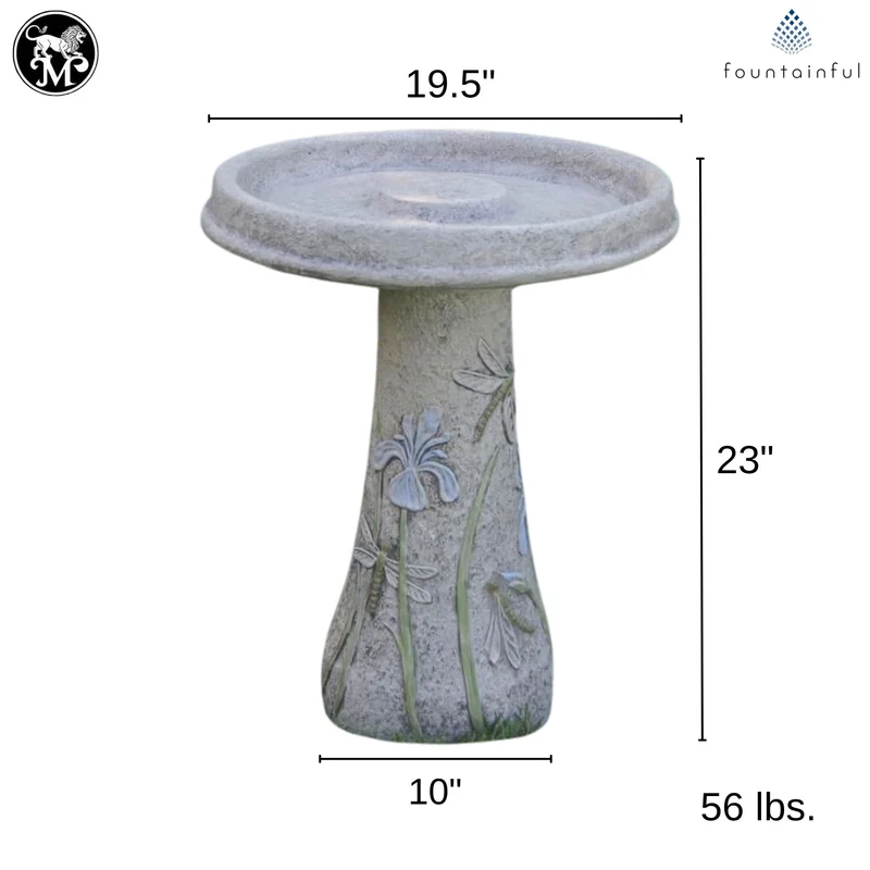 Dragonfly & Flowers Concrete Bird Bath - Massarellis #9753