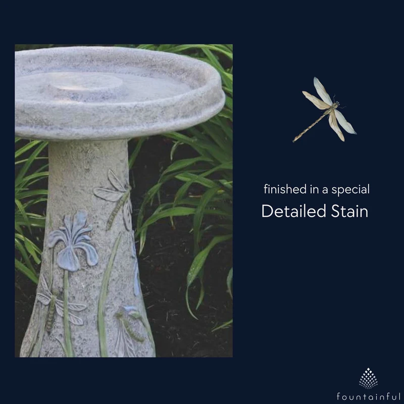 Dragonfly & Flowers Concrete Bird Bath - Massarellis #9753