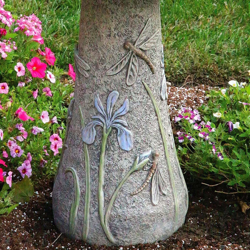 Dragonfly & Flowers Concrete Bird Bath - Massarellis #9753