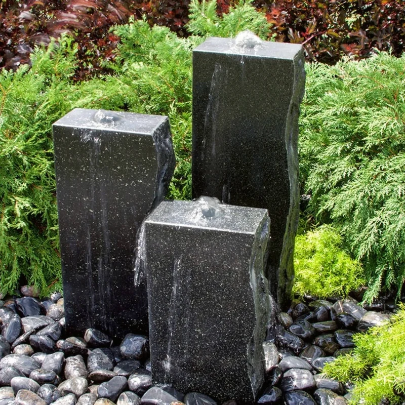 Rough Black Granite 3-Column Fountain - Complete Kit - Blue Thumb