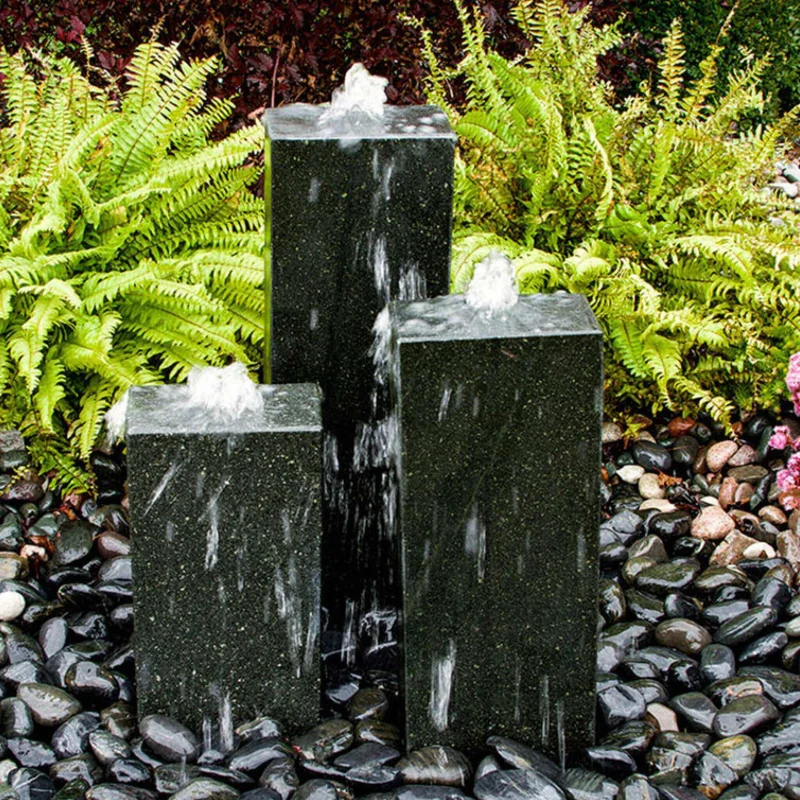 Smooth Black Granite 3-Column Fountain - Complete Kit - Blue Thumb