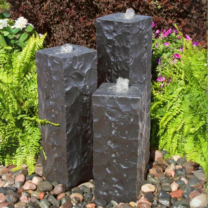 Triple Chiseled Black Basalt Fountain - Complete Kit- Blue Thumb