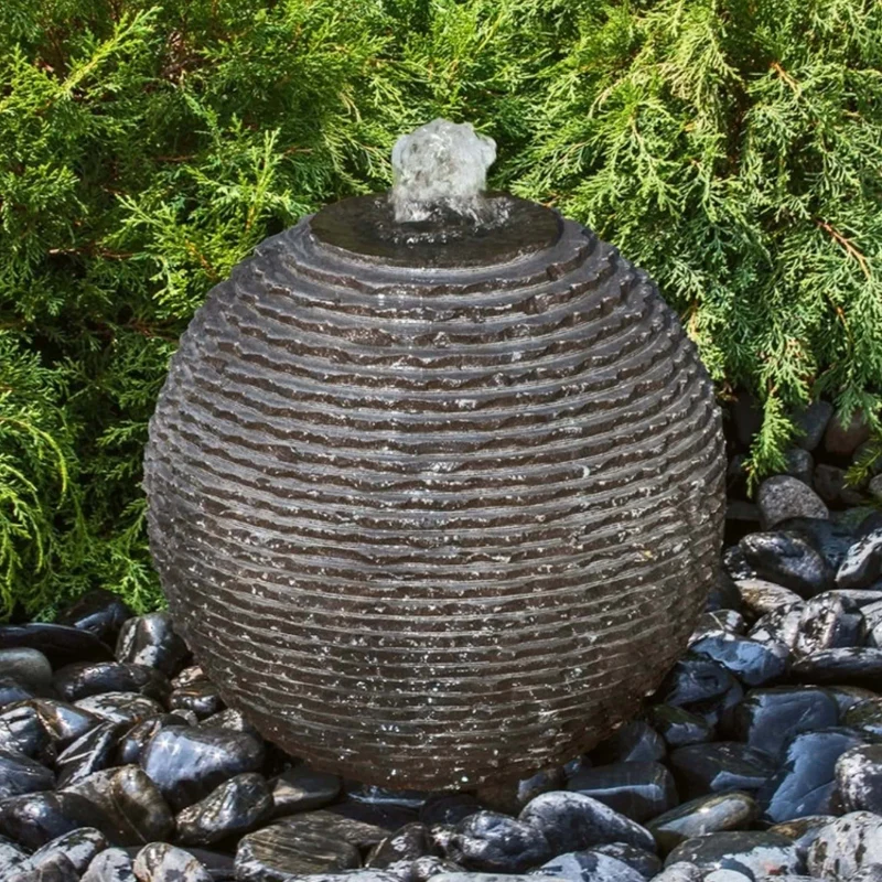 Black Ribbed Granite Sphere Fountain - Complete Kit - Blue Thumb