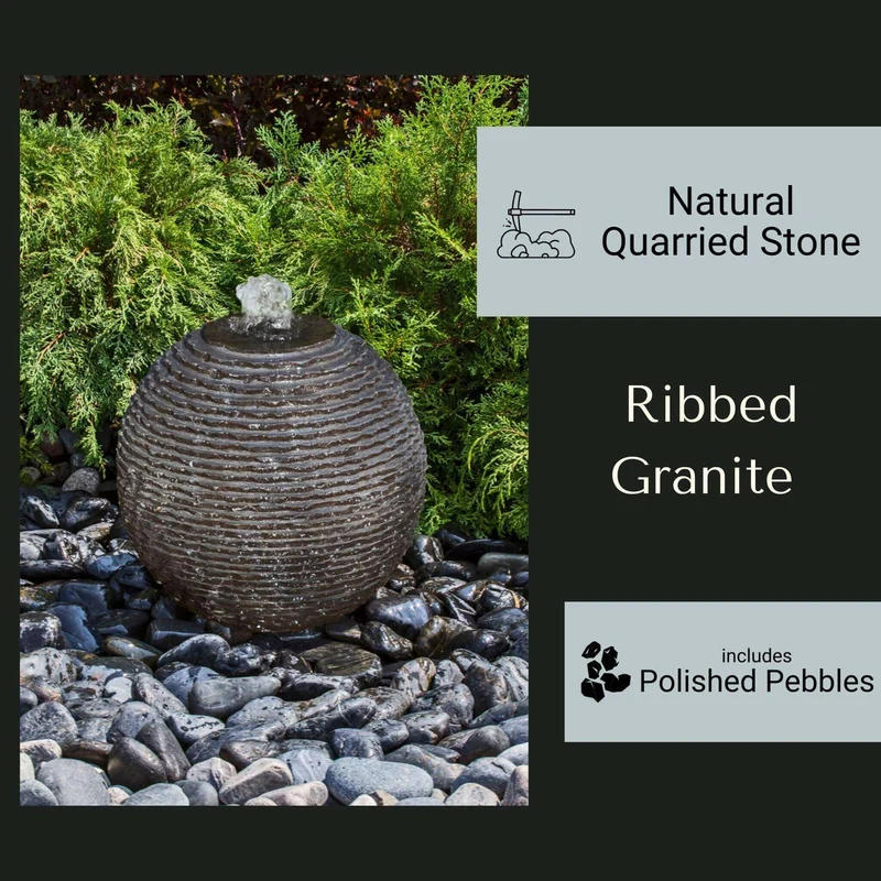 Black Ribbed Granite Sphere Fountain - Complete Kit - Blue Thumb