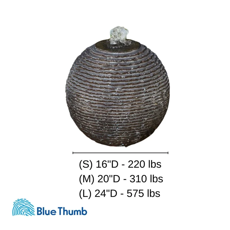Black Ribbed Granite Sphere Fountain - Complete Kit - Blue Thumb