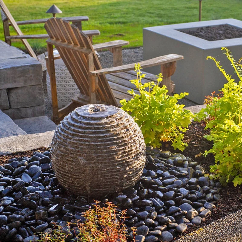 Gray Ribbed Granite Sphere Fountain - Complete Kit - Blue Thumb