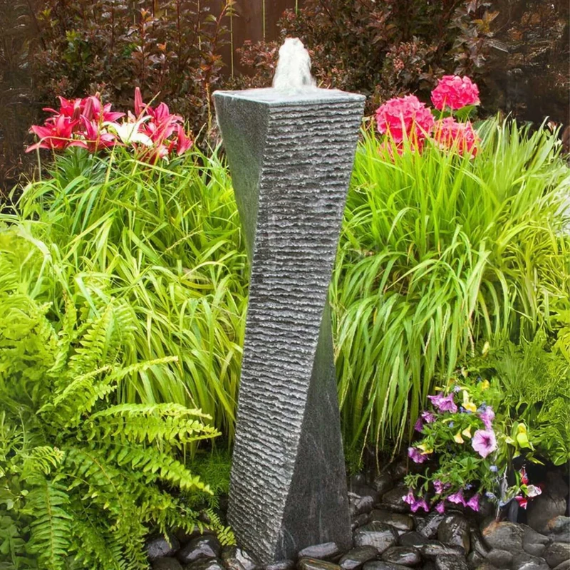 Gray Polished Granite Twist Tower Fountain Kit - Blue Thumb