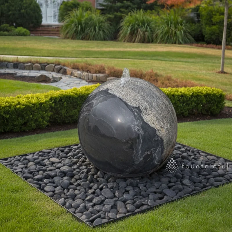 Black Flower Granite Sphere Fountain - Blue Thumb
