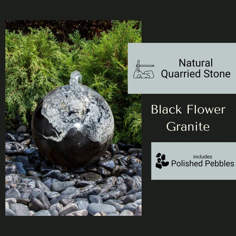 Black Flower Granite Sphere Fountain - Blue Thumb