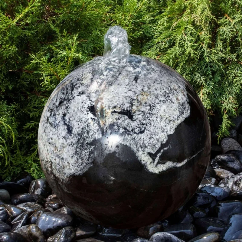 Black Flower Granite Sphere Fountain - Blue Thumb