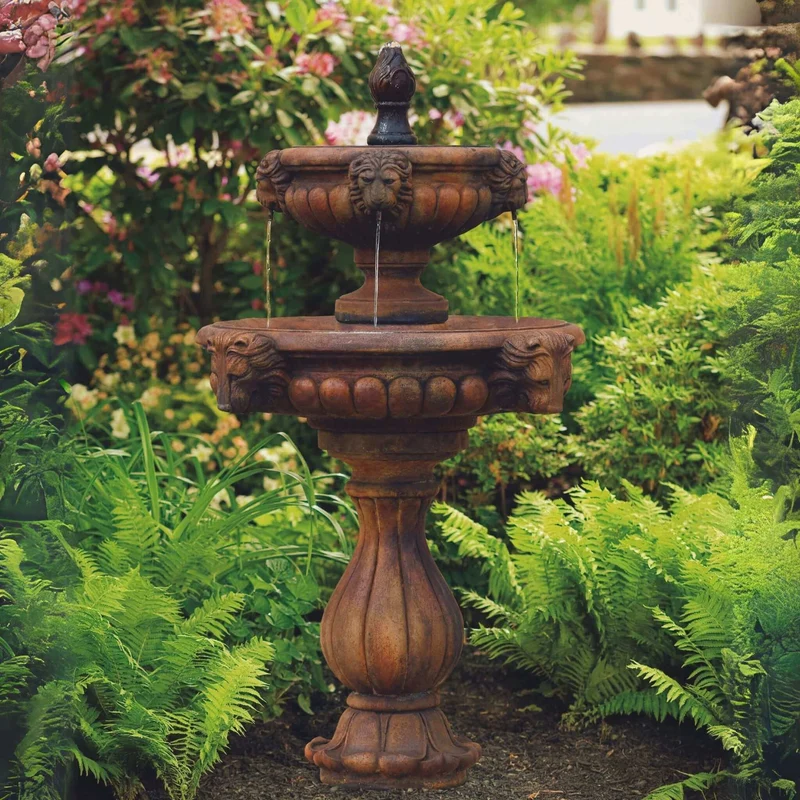 Classic Lion Head 2-Tier Concrete Fountain - Massarellis #3561