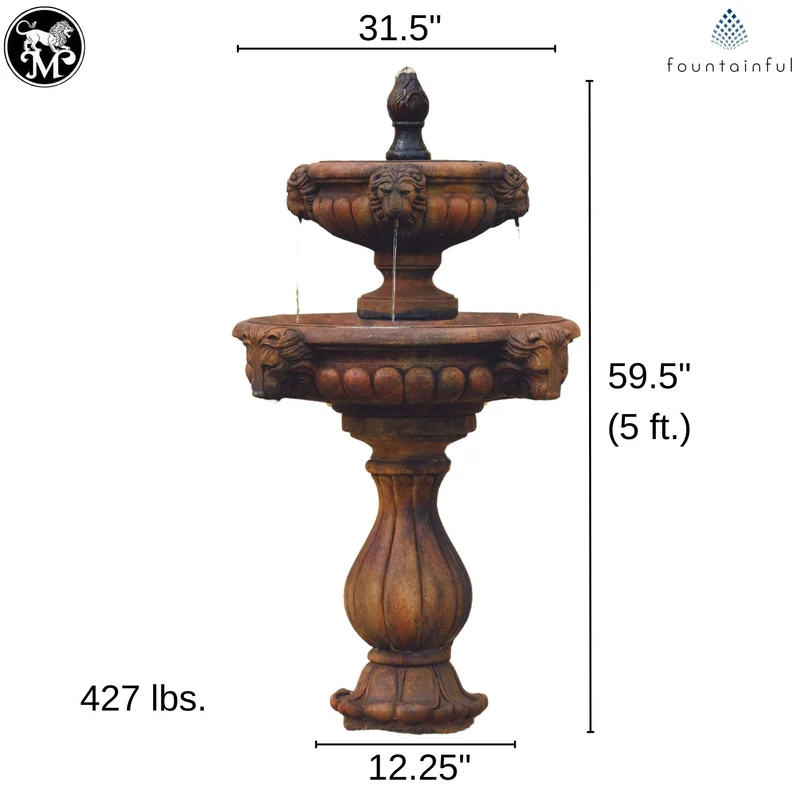 Classic Lion Head 2-Tier Concrete Fountain - Massarellis #3561