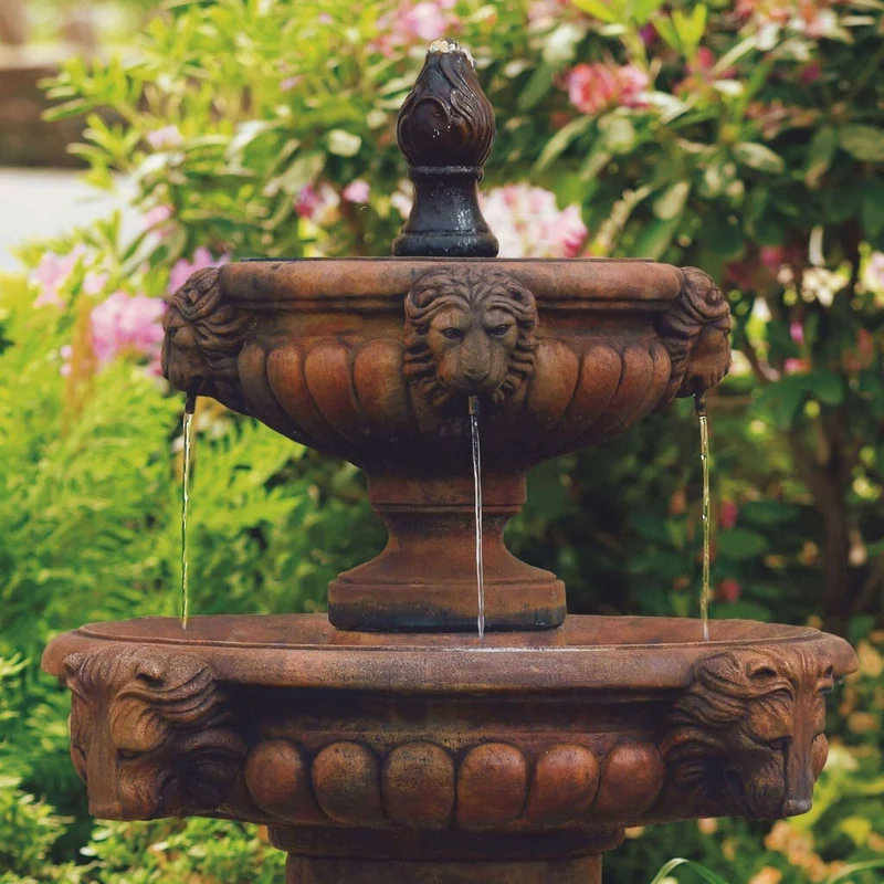 Classic Lion Head 2-Tier Concrete Fountain - Massarellis #3561