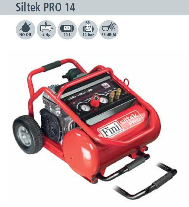 Fini Siltek pro 14 Compressore trolley senza olio silenzioso 65 dB , 14 bar , 220v , 20 litri ideale per professionisti 2 HP / 1500W