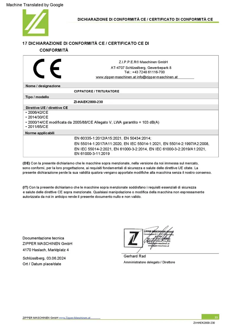 Zipper ZI-HAEK2800-230 biotrituratore elettrico 220V 2800w , per rami max Ø50 mm