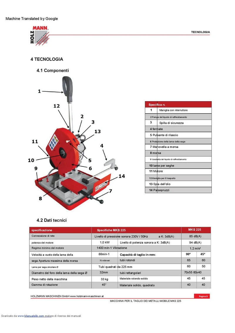Holzmann MKS225_230V Troncatrice portatile per metalli lama 225 mm , 1000w