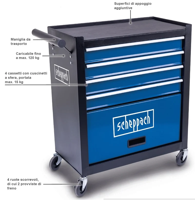 Scheppach tw1300 Carrello porta attrezzi e utensili vuoto 4 cassetti + 1 mobiletto , carico 120 Kg