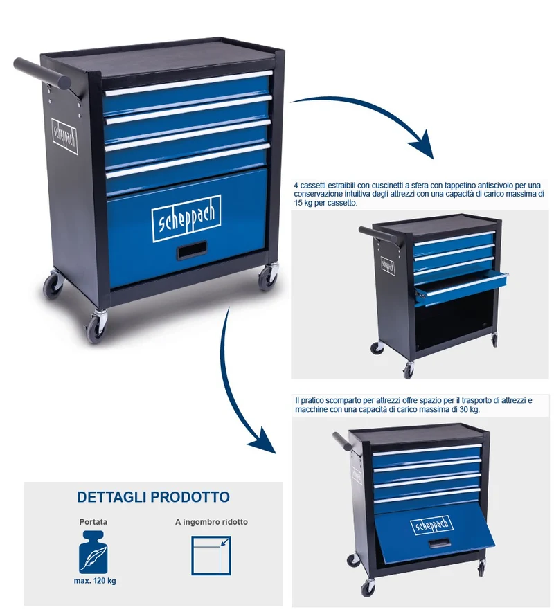 Scheppach tw1300 Carrello porta attrezzi e utensili vuoto 4 cassetti + 1 mobiletto , carico 120 Kg