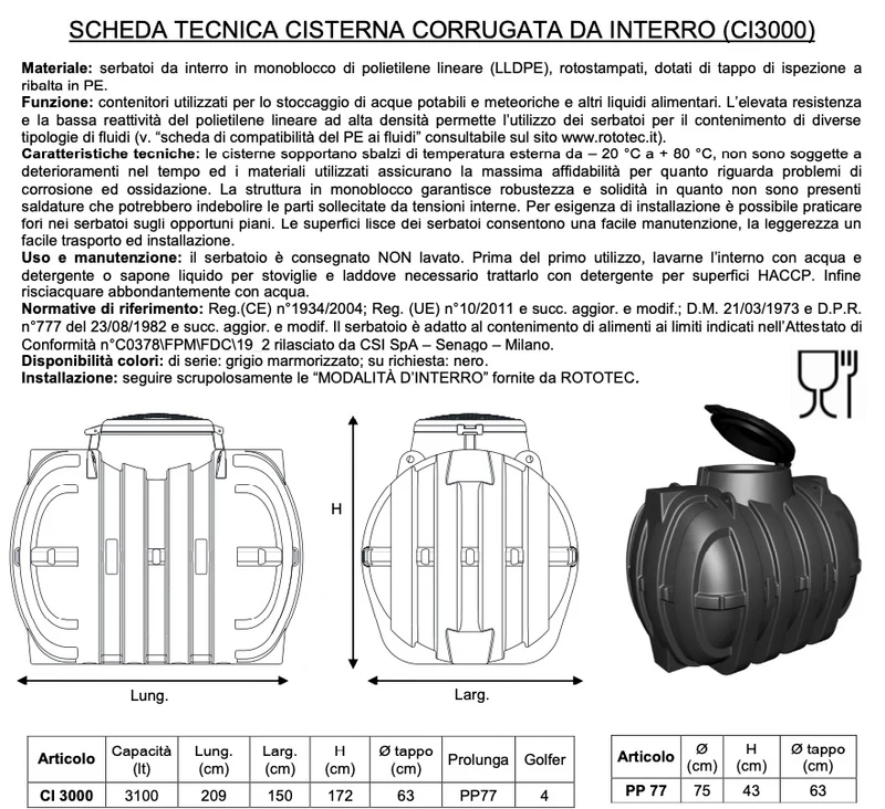 Rototec CL3000 - Serbatoio cisterna corrugata da interro - Capacità 3100 litri