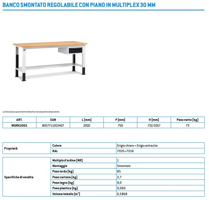 Fami WORK2001 - Banco tavolo da lavoro con altezza regolabile 1 cassetto, L 200 cm - Altezza da 732 a 1057 mm