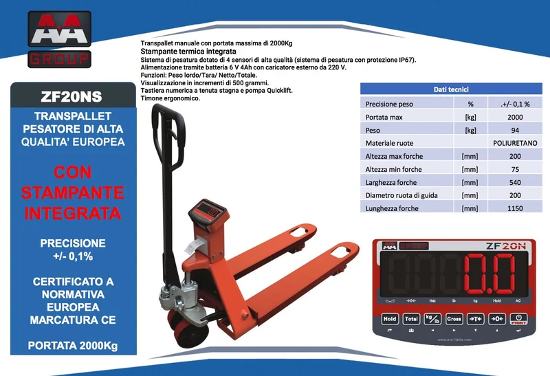 AxA ZF20NS - Transpallet pesatore con stampante, portata 2000Kg, alzata 200 mm