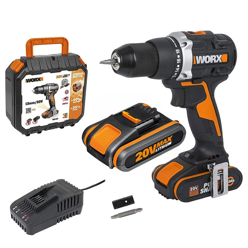 Worx WX102 - Trapano avvitatore brushless a batteria 20V - 2 x 2Ah in valigetta