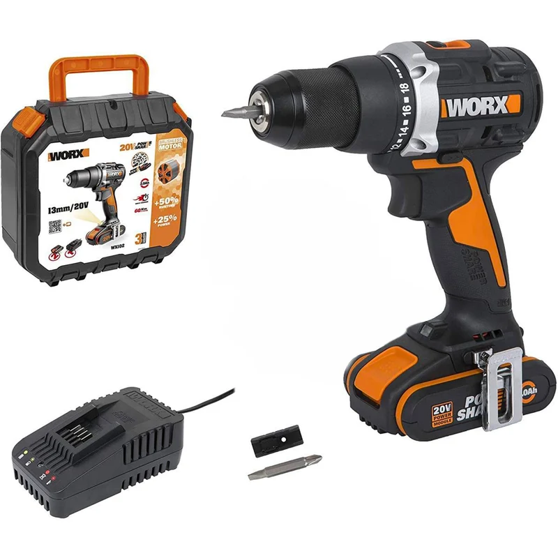 Worx WX102 - Trapano avvitatore brushless a batteria 20V - 2 x 2Ah in valigetta