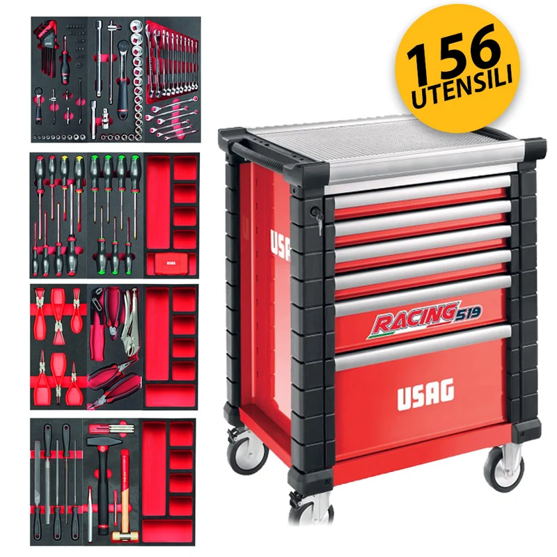 USAG U05190628 - 519 RS6/3MM - Carrello porta attrezzi per officina linea RACING completo di 156 utensili