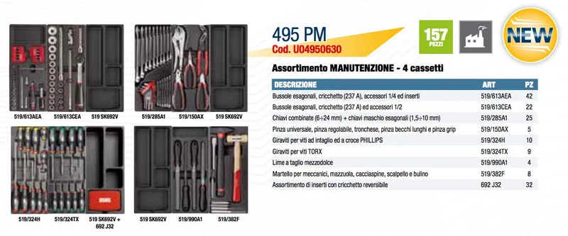 Usag 516 ST6PM - Carrello portautensili per attrezzi 6 cassetti completo di 157 utensili