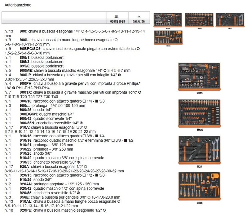 Beta 5988L/4M Assortimento di 273 utensili per autoriparazione in vassoio morbido in EVA