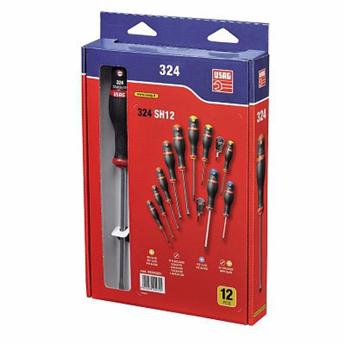 Usag 324 SH12 - Serie di 12 giraviti per viti con intaglio, impronta a croce PHILLIPS® e impronta a croce POZIDRIV® -SUPADRIV®