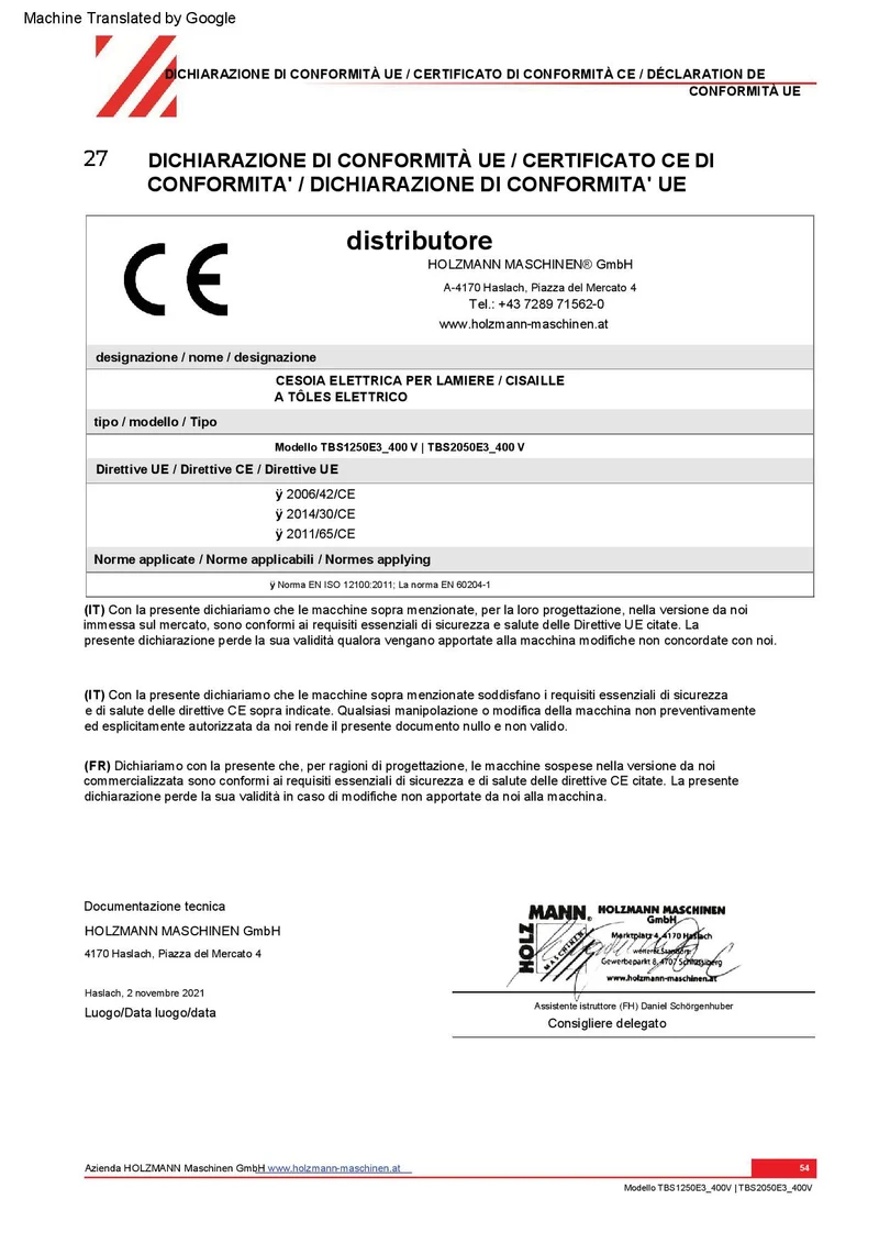 Holzmann TBS2050E3 400V Cesoie elettriche a ghigliottina 4000w max 3 mm larghezza max 2050 mm