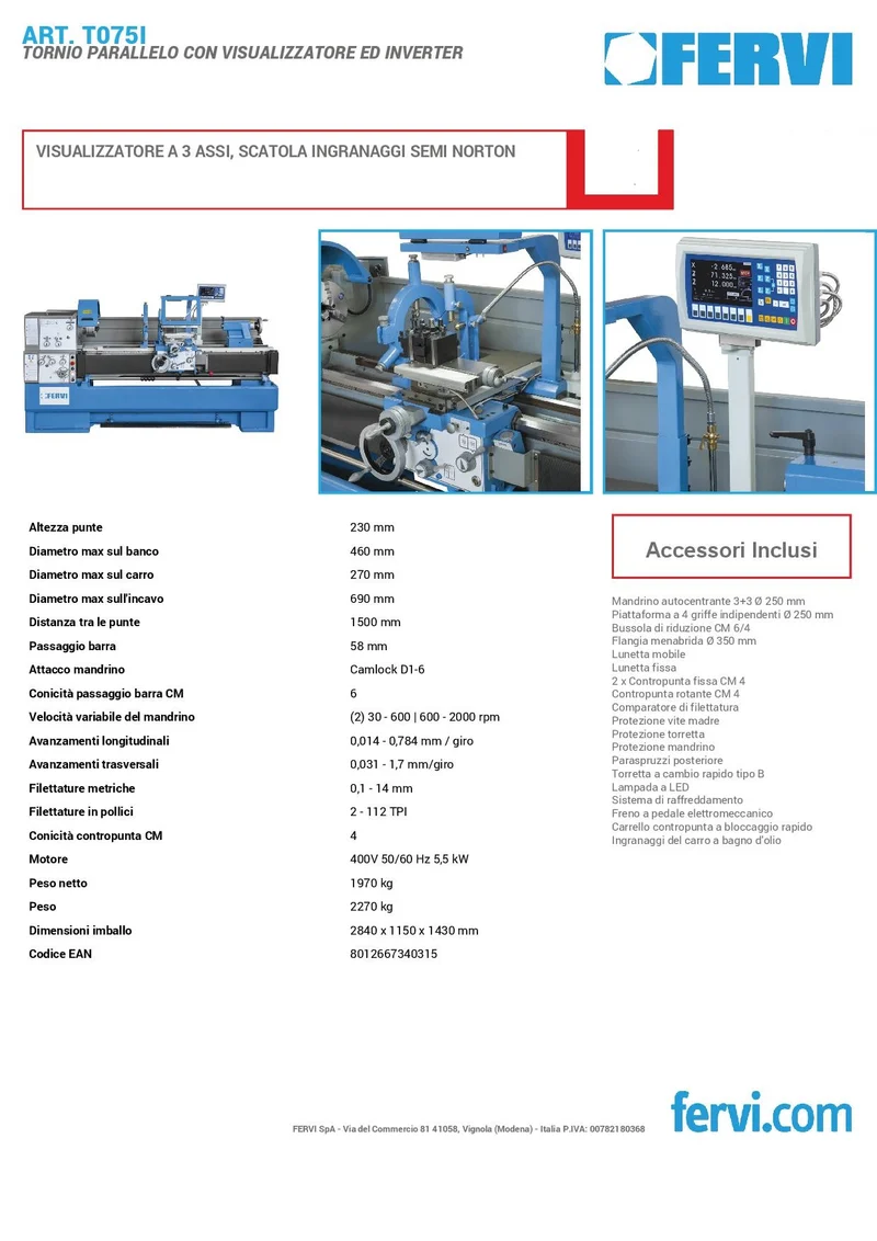 Fervi T075I - Tornio parallelo con visualizzatore ed inverter