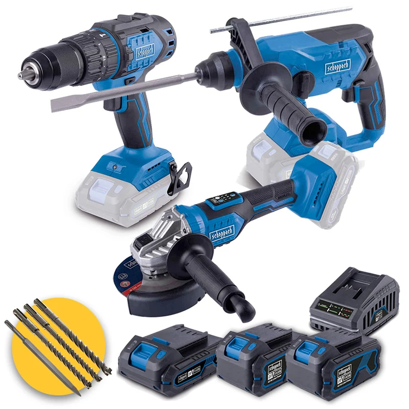 Scheppach set 3 elettroutensili a batteria 20V ixes - Tassellatore, Smerigliatrice, Trapano - 3 batterie