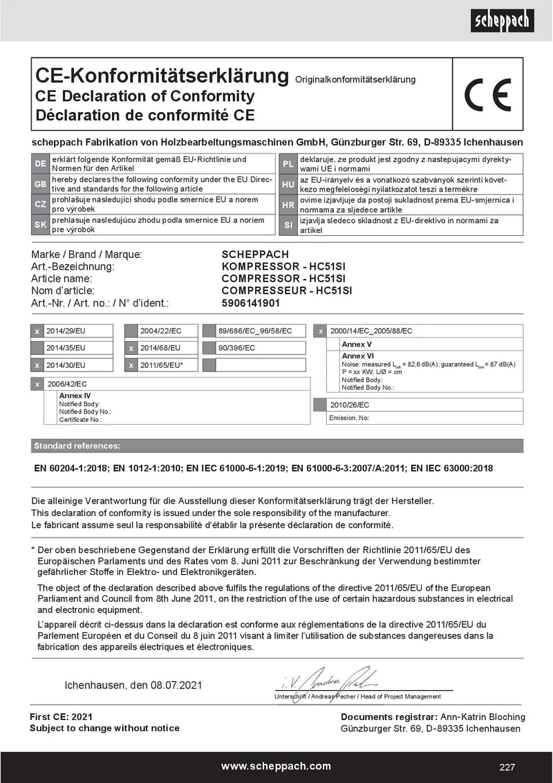 Scheppach hc51si Compressore aria super silenziato 50lt 1.5Kw 8 bar