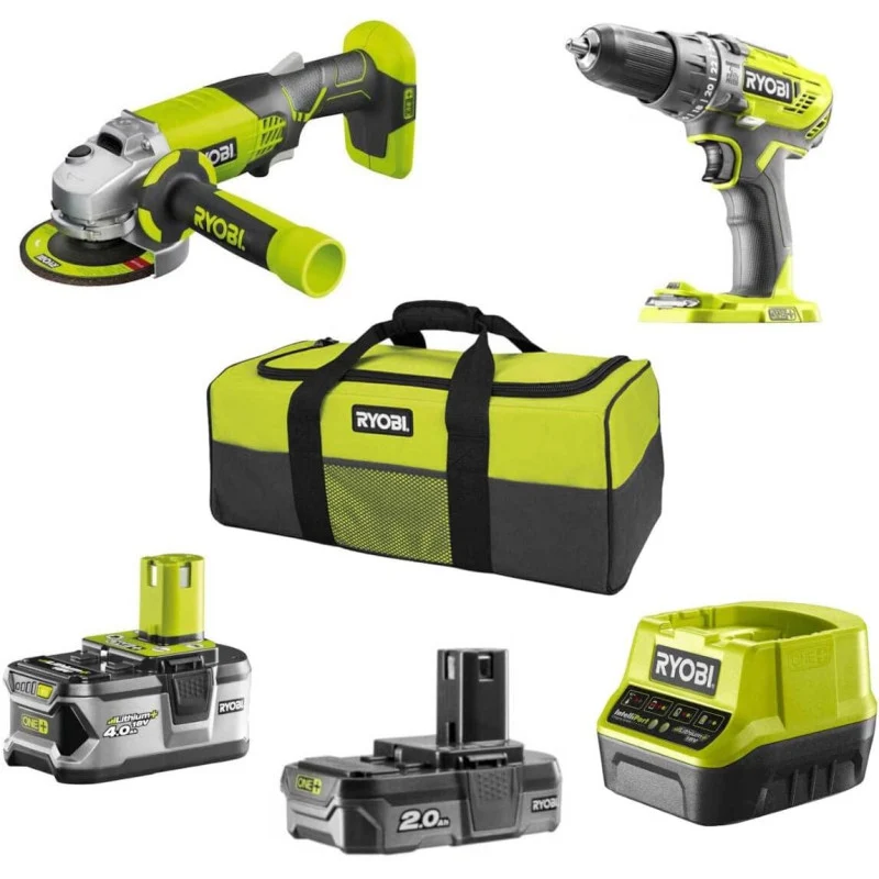 Kit Ryobi R18PDAG-242S - Trapano avvitatore a percussione R18PD3 + Smerigliatrice angolare R18AG ONE+