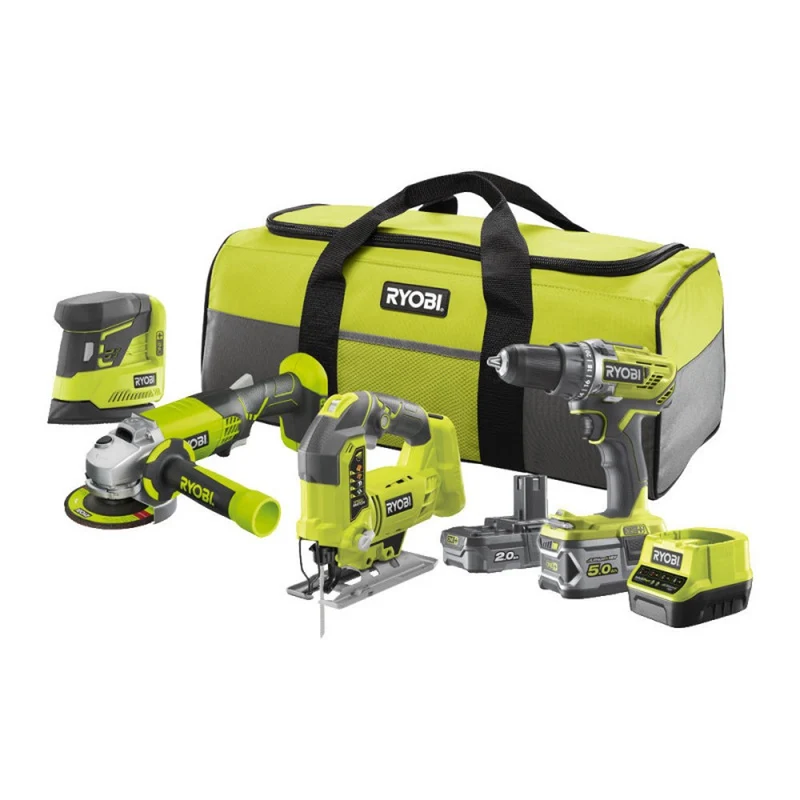 RYOBI R18CK4B - 252S Kit 4 Utensili 18V, Avvitatore, Smerigliatrice, Seghetto Alternativo, Levigatrice Palmare
