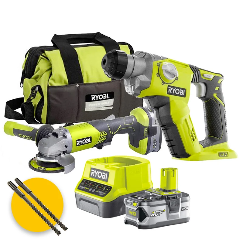 Ryobi kit utensili a batteria 18V - Smerigliatrice angolare, tassellatore, 1 x 4Ah