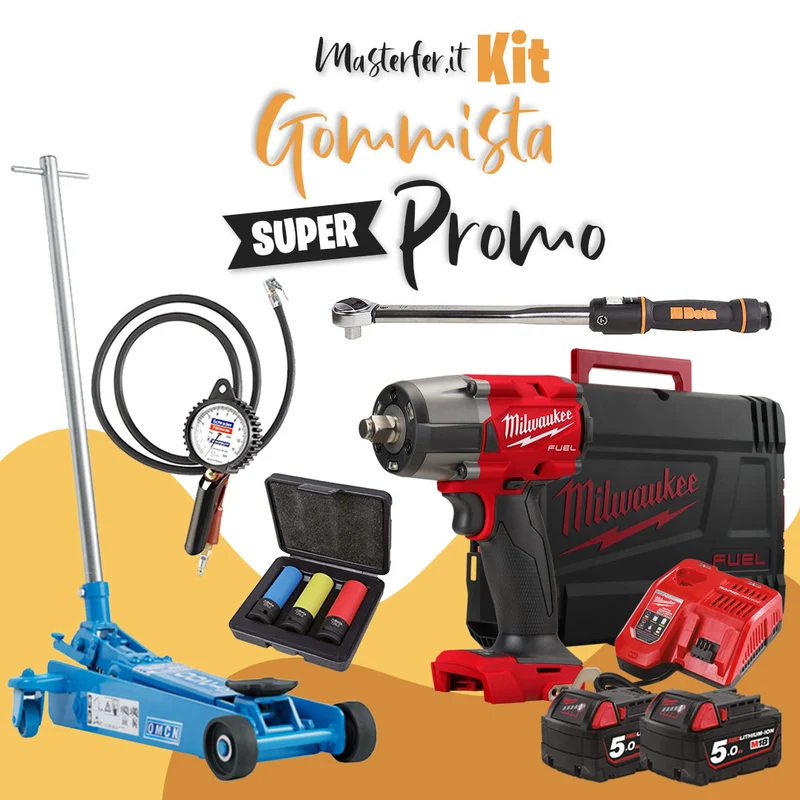 Kit attrezzatura per gommisti - Sollevatore OMCN - Avvitatore a impulsi Milwaukee 18V - Dinamometrica Beta - Pistola Michelin