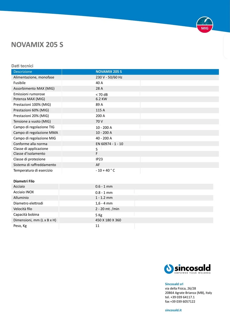 Sincosald NOVAMIX 205 S - Saldatrice multiprocesso MIG/MAG, Tig - 220V